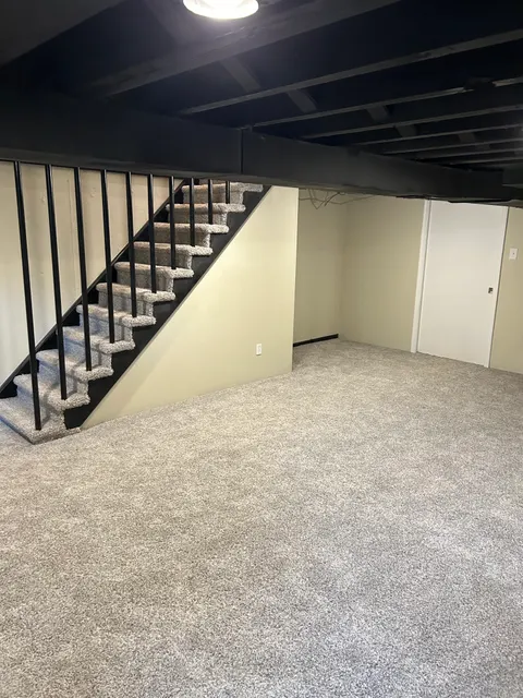 Finished basement with plush gray carpet and black staircase railing with carpeted treads